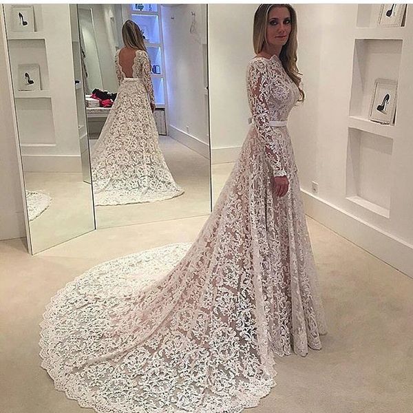 2017 full lace vintage wedding dresses bateau appliques backless long sleeves court train with belt bridal gowns, White
2017 full lace vintage wedding dresses bateau appliques backless long sleeves court train with belt bridal gowns, White