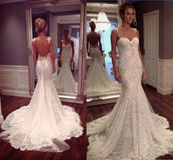 

2017 mermaid lace wedding dresses spaghetti straps sweetheart backless vestidos de novia custom made bridal gowns, White