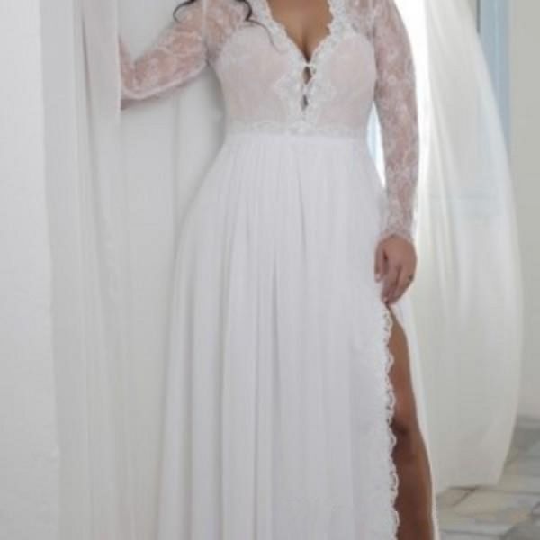 2020 split sheath plunging v neck illusion lace long sleeves bridal gowns bohemian boho brides formal wear plus size wedding dresses, White
2020 split sheath plunging v neck illusion lace long sleeves bridal gowns bohemian boho brides formal wear plus size wedding dresses, White