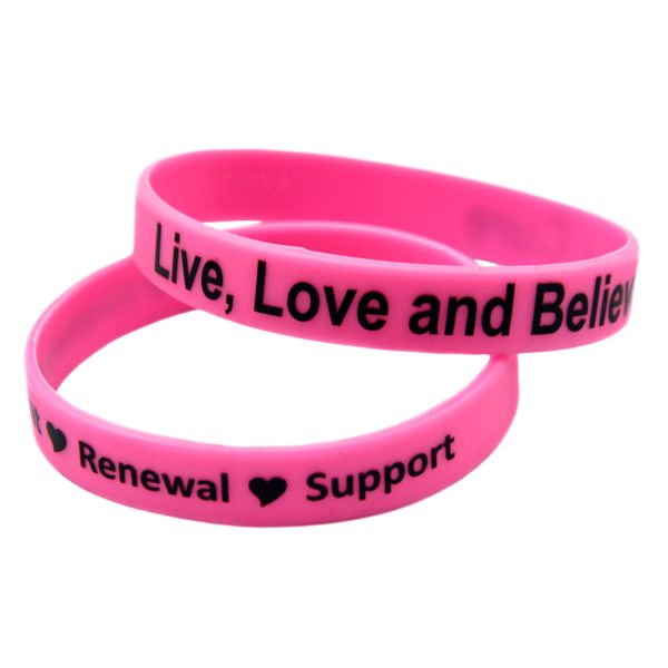 100pcs hope empowerment renewal support & live love and believe in a cure silicone rubber bracelet printed, Black
100pcs hope empowerment renewal support & live love and believe in a cure silicone rubber bracelet printed, Black
