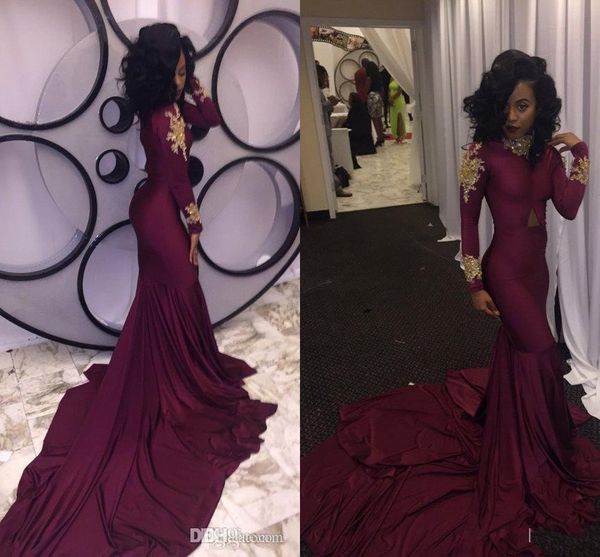 2017 burgundy new south african 2k17 mermaid prom evening dress high neck gold lace appliques party reception dress court train, Black
2017 burgundy new south african 2k17 mermaid prom evening dress high neck gold lace appliques party reception dress court train, Black