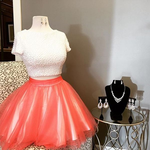 two piece white coral homecoming dresses scoop neck short sleeves pearled tulle satin plus size party dresses cute short prom dresses, Blue;pink
two piece white coral homecoming dresses scoop neck short sleeves pearled tulle satin plus size party dresses cute short prom dresses, Blue;pink