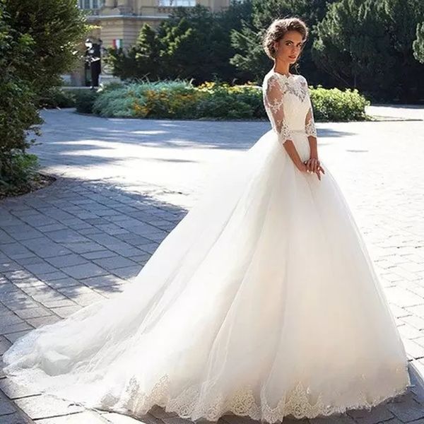 new arrival lace appliques wedding dresses 2019 with 3/4 long sleeves beaded ball gown a line bridal dress, White
new arrival lace appliques wedding dresses 2019 with 3/4 long sleeves beaded ball gown a line bridal dress, White