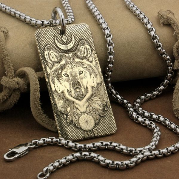 linsion high detail 2 sides laser deep engraved brass indian wolf pendant biker rock punk style 9x031b steel necklace 24 inches, Silver