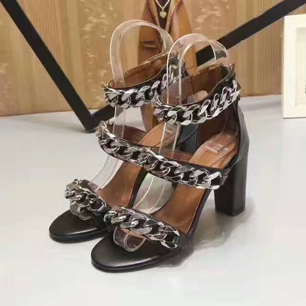 2017 summer new leather high hees shoes women's sandals metal chains sandals women's sh, Black
2017 summer new leather high hees shoes women's sandals metal chains sandals women's sh, Black