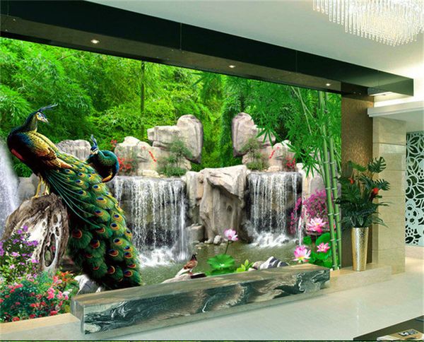 

3D настенная роспись стены природные пейзажи обои пейзаж Бамбуковый лес падает Павлин постельные принадлежности номер 3D нетканые обои ТВ фон