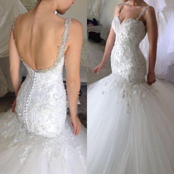 backless mermaid wedding dresses weetheart beaded crystals straps open back lace appliques puffy tulle bridal gowns custom made, White
backless mermaid wedding dresses weetheart beaded crystals straps open back lace appliques puffy tulle bridal gowns custom made, White