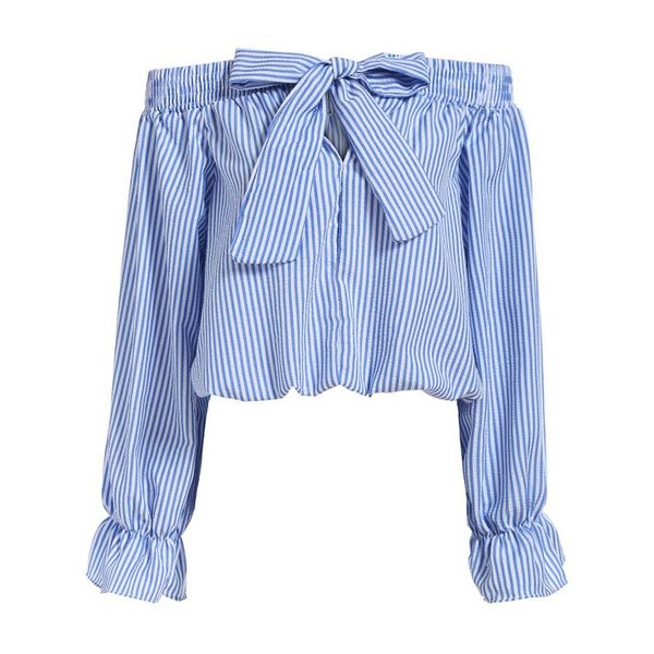 wholesale-women off the shoulder bow vertical striped vogue summer feminine long sleeve slash neck blue crop, White
wholesale-women off the shoulder bow vertical striped vogue summer feminine long sleeve slash neck blue crop, White