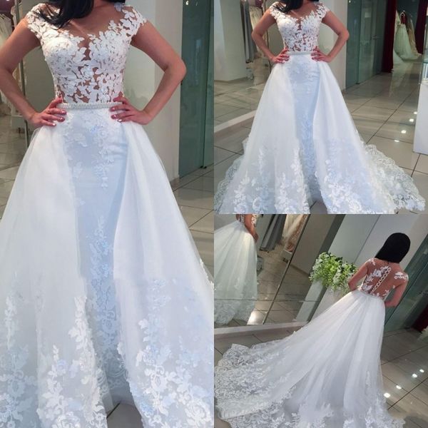 lace wedding dresses see through back vestidos de noiva capped sleeves tulle wedding gowns with overskirt, White
lace wedding dresses see through back vestidos de noiva capped sleeves tulle wedding gowns with overskirt, White