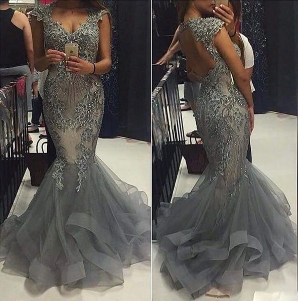 hollow back v-neck cap sleeve prom dresses mermaid beaded lace appliques beading ruched tulle formal evening dresses floor length vestidos, Black
hollow back v-neck cap sleeve prom dresses mermaid beaded lace appliques beading ruched tulle formal evening dresses floor length vestidos, Black