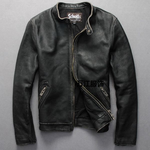 

scs vintage man motorcycle leather jacket cowhide genuine leather men's slim short coats stand collar plus 6xl, Black