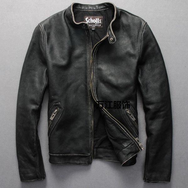 

scs vintage man motorcycle leather jacket cowhide genuine leather men's slim short coats stand collar plus 6xl, Black