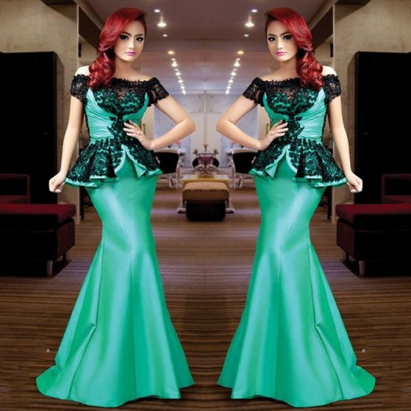 charming green mermaid evening gowns black lace appliques off shoulder prom dresses peplum arabic women formal party dress cheap, Black;red
charming green mermaid evening gowns black lace appliques off shoulder prom dresses peplum arabic women formal party dress cheap, Black;red