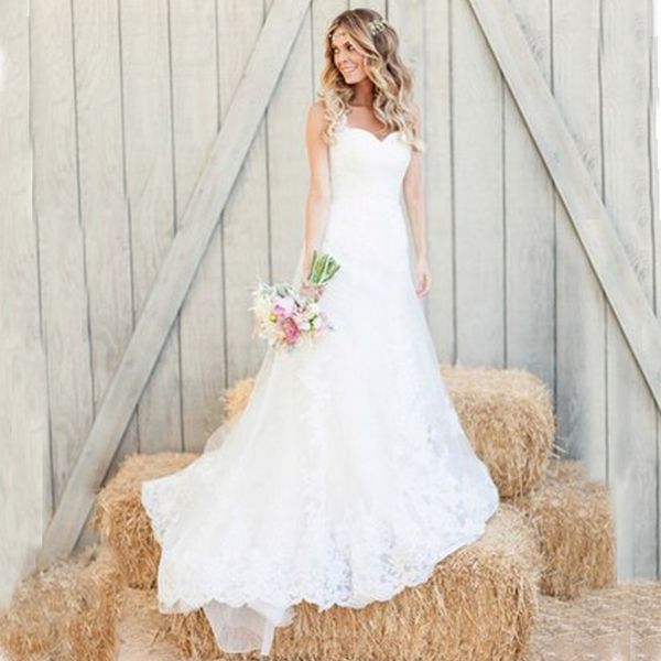 gorgeous country wedding dress mermaid sweetheart neckline sleeveless lace appliques tulle bridal gowns with court train custom made, White
gorgeous country wedding dress mermaid sweetheart neckline sleeveless lace appliques tulle bridal gowns with court train custom made, White