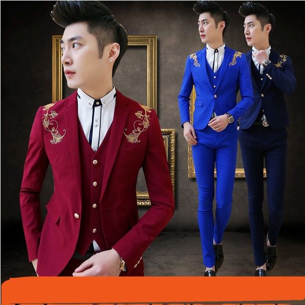 New Fashionable Slim Men Suits Embroidery Jacket with vest and pants Five color choice for Wedding wears
New Fashionable Slim Men Suits Embroidery Jacket with vest and pants Five color choice for Wedding wears