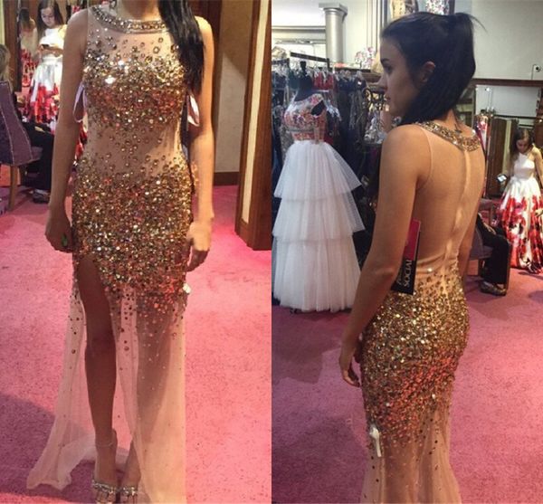 illusion split crystal prom dresses sheath tulle beading floor length see through champagne gold evening gowns party dresses, Black
illusion split crystal prom dresses sheath tulle beading floor length see through champagne gold evening gowns party dresses, Black