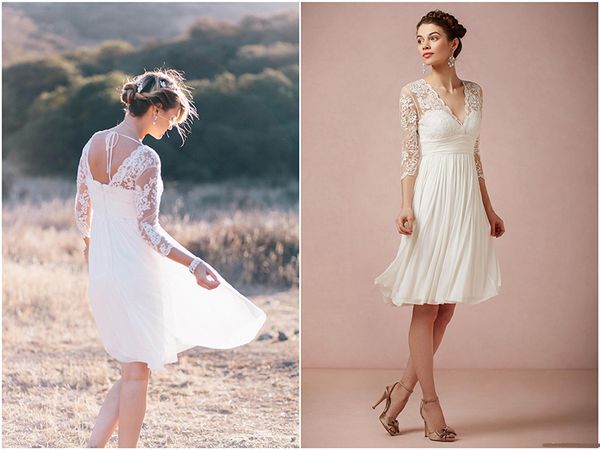 Boho Short Lace Wedding Dresses with Ivory Sheer 3/4 Long Sleeves 2017 V Neck Pleated A-Line Knee Length Chiffon Beach Bridal Gowns
Boho Short Lace Wedding Dresses with Ivory Sheer 3/4 Long Sleeves 2017 V Neck Pleated A-Line Knee Length Chiffon Beach Bridal Gowns