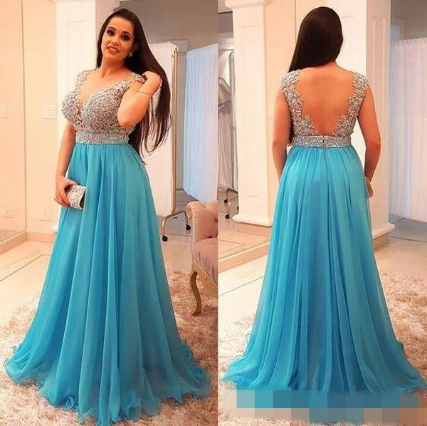 

Stunning Beaded Chiffon Plus Size Prom Dresses Deep V Neck Backless Evening Gown Floor Length Pleated Long Formal Guest Dress