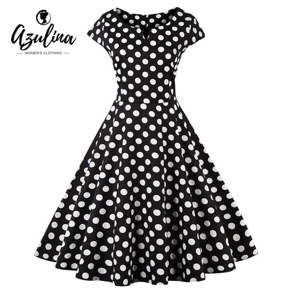 

wholesale- azulina 50s polka dot vintage retro women dress short sleeve o neck female casual a line vestido robe femme big plus size 4xl, White;black