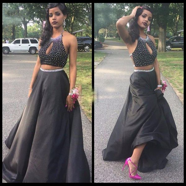 two pieces beaded crystals prom dresses a line halter keyhole neck open backless long african americans party long evening gowns, Black
two pieces beaded crystals prom dresses a line halter keyhole neck open backless long african americans party long evening gowns, Black