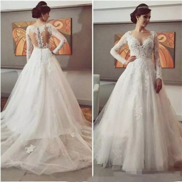 2018 country lace appliques illusion wedding dresses with long sleeves plus size princess bridal ball gowns, White
2018 country lace appliques illusion wedding dresses with long sleeves plus size princess bridal ball gowns, White