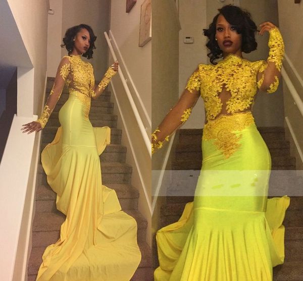 2017 new high neck yellow lace appliques mermaid prom dreses sheer long sleeves african girls party wear formal evening gowns, Black
2017 new high neck yellow lace appliques mermaid prom dreses sheer long sleeves african girls party wear formal evening gowns, Black
