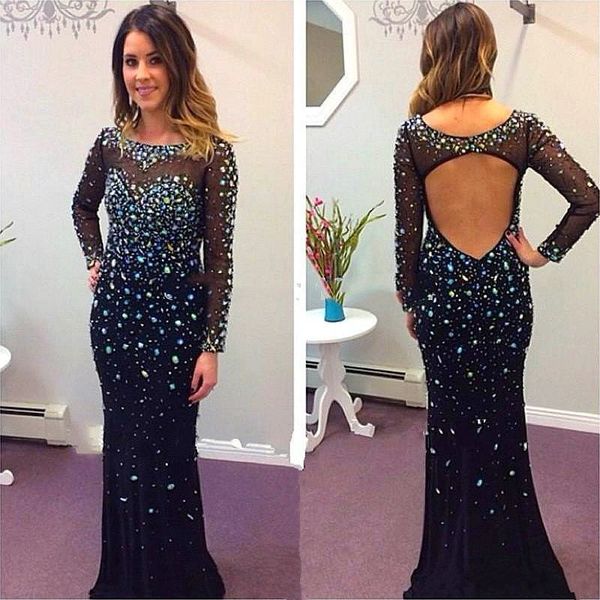 luxury shiny sheer crew neck crystal rhinestones beaded open back evening dresses long sleeve mermaid prom dresses, Black;red
luxury shiny sheer crew neck crystal rhinestones beaded open back evening dresses long sleeve mermaid prom dresses, Black;red