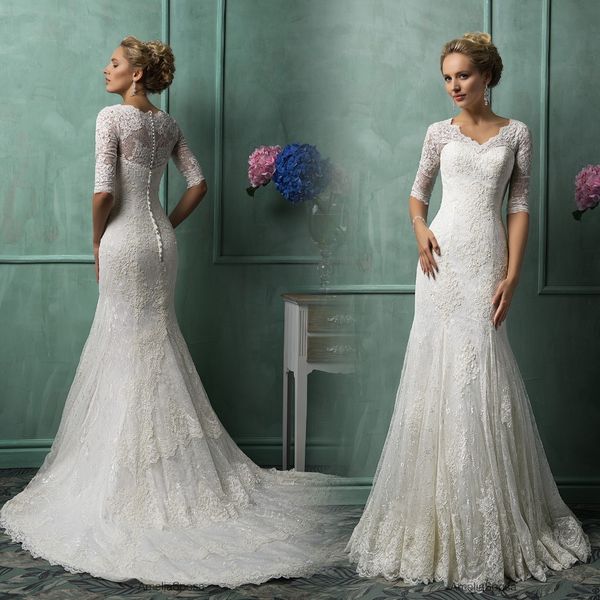 half long sleeves lace mermaid wedding dresses 2022 with appliques custom v neck court train bridal gowns vestido de noiva, White
half long sleeves lace mermaid wedding dresses 2022 with appliques custom v neck court train bridal gowns vestido de noiva, White