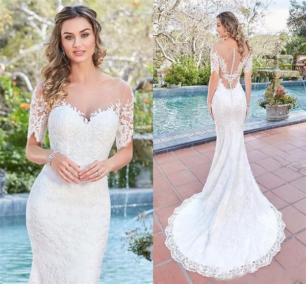 elegant sheer jewel neck illusion back beach wedding dress long bridal gowns gorgeous short sleeves lace mermaid wedding dresses, White
elegant sheer jewel neck illusion back beach wedding dress long bridal gowns gorgeous short sleeves lace mermaid wedding dresses, White