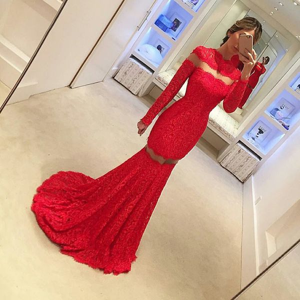 special high neck red prom dresses long sleeve see-though lace mermaid evening gowns zipper back sweep train party dress, Black
special high neck red prom dresses long sleeve see-though lace mermaid evening gowns zipper back sweep train party dress, Black