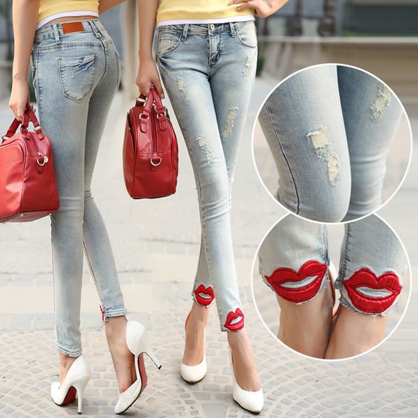 wholesale- new hole trousers female wearing red lips print denim pencil pants low-waist skinny capris, Blue
wholesale- new hole trousers female wearing red lips print denim pencil pants low-waist skinny capris, Blue