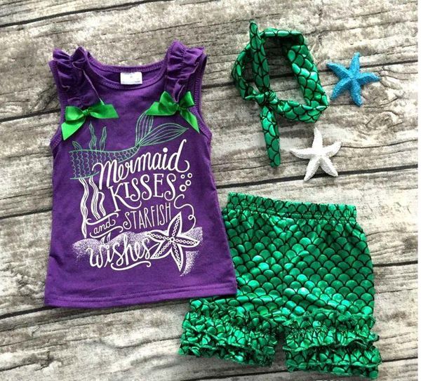 2017 girls clothing purple green scale mermaid boutiquet-shirt + pantsuit + hair band three short sets, White
2017 girls clothing purple green scale mermaid boutiquet-shirt + pantsuit + hair band three short sets, White