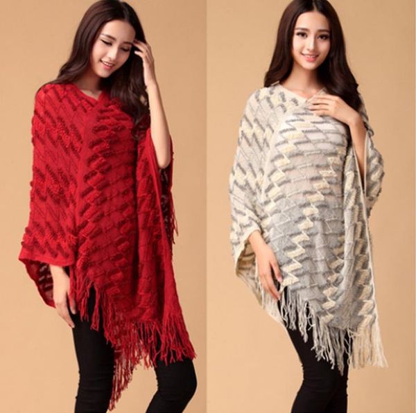 autumn fashion knit ponchos leisure cardigan knitting coat lady batwing cape tassels poncho shawl wraps pullovers sweater c3044, Black