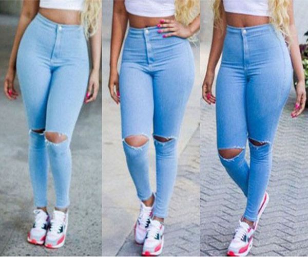 wholesale women blue high waist skinny slim washed knee hole pencil pant style jean