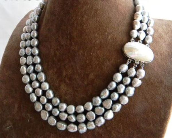 3strands 18'' 9mm gray baroque freshwater pearl necklace, Silver 
3strands 18'' 9mm gray baroque freshwater pearl necklace, Silver