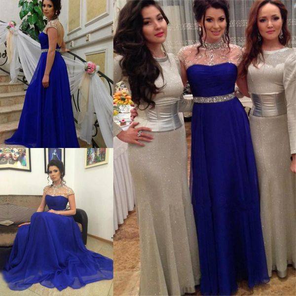 2017 elegant long royal blue chiffon prom dresses sheer crystal high neck cap sleeves open back custom made evening party gowns, Black
2017 elegant long royal blue chiffon prom dresses sheer crystal high neck cap sleeves open back custom made evening party gowns, Black