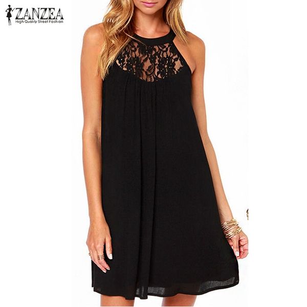 wholesale- zanzea 2016 summer style women casual lace chiffon dresses sleeveless loose party mini solid dress vestidos plus size, White;black