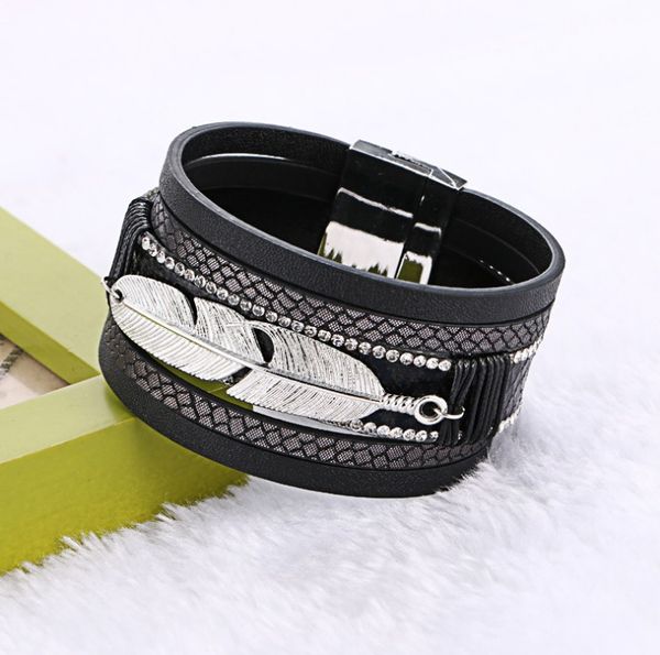 new jewelry multilayer wide bangles silver alloy leaf zircon leather bracelets with magnetic clasp multicolor bb, Black
new jewelry multilayer wide bangles silver alloy leaf zircon leather bracelets with magnetic clasp multicolor bb, Black