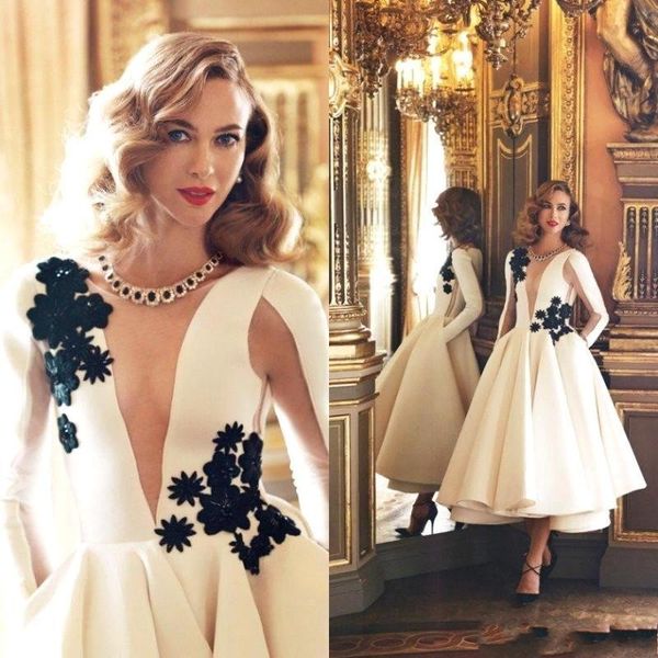 2019 new long sleeves illusion satin cocktail dresses satin a line tea length applique beaded party evening dresses ba3505, Black
2019 new long sleeves illusion satin cocktail dresses satin a line tea length applique beaded party evening dresses ba3505, Black