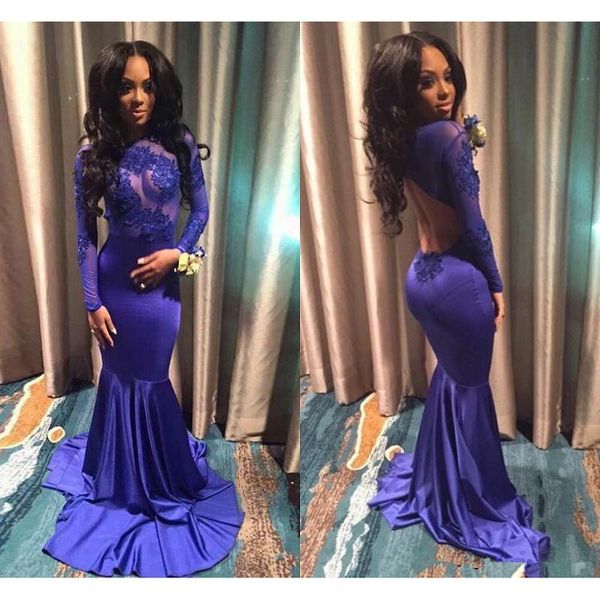 2017 backless mermaid prom dresses with long sleeves illusion bodice appliques lace elastic satin royal blue regency evening gowns, Black
2017 backless mermaid prom dresses with long sleeves illusion bodice appliques lace elastic satin royal blue regency evening gowns, Black
