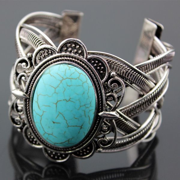 Vintage Exotic Exaggerated Metal Tibetan Silver Oval Natural Stone Turquoise Retro Bangle Cuff Bracelet Gift For Women Birthday Gift
Vintage Exotic Exaggerated Metal Tibetan Silver Oval Natural Stone Turquoise Retro Bangle Cuff Bracelet Gift For Women Birthday Gift