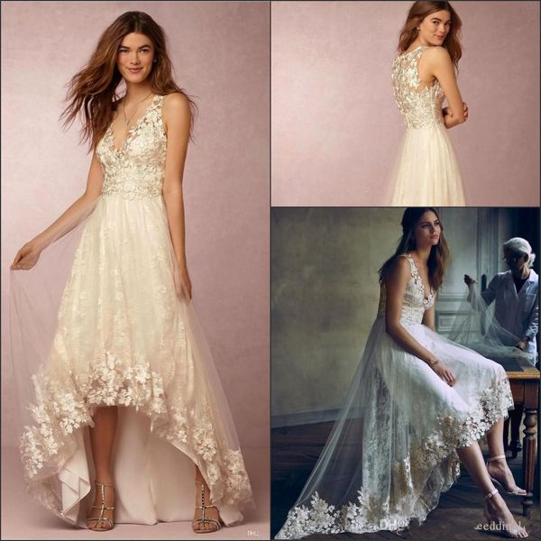 2017 lace a line short wedding dresses plunging v neck high low lace appliques tulle sheer summer garden beach bridal gowns, White
2017 lace a line short wedding dresses plunging v neck high low lace appliques tulle sheer summer garden beach bridal gowns, White