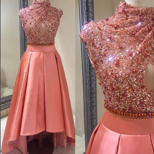 salmon color high low prom dresses high neck capped sleeveless crystals sequins prom dress cut out evening party formal gowns, Black
salmon color high low prom dresses high neck capped sleeveless crystals sequins prom dress cut out evening party formal gowns, Black