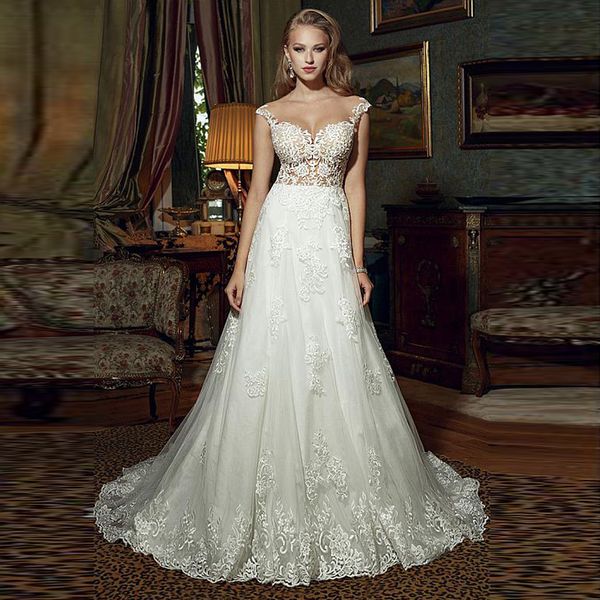 exquisite scoop neckline bridal gowns see-through a-line wedding dresses lace appliques beadings illusion back with button, White
exquisite scoop neckline bridal gowns see-through a-line wedding dresses lace appliques beadings illusion back with button, White