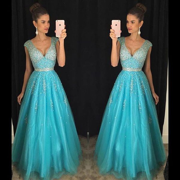 2017 sky blue deep v neck a line organza prom dresses sparkly cap sleeve sequins beading backless long evening dresses ba4486, Black
2017 sky blue deep v neck a line organza prom dresses sparkly cap sleeve sequins beading backless long evening dresses ba4486, Black