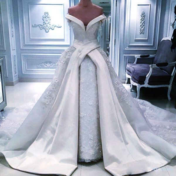 vintage off the shoulder overskirt wedding dresses 2017 long satin chapel train lace shiny sequins bridal gowns arabic wedding vestidos, White
vintage off the shoulder overskirt wedding dresses 2017 long satin chapel train lace shiny sequins bridal gowns arabic wedding vestidos, White