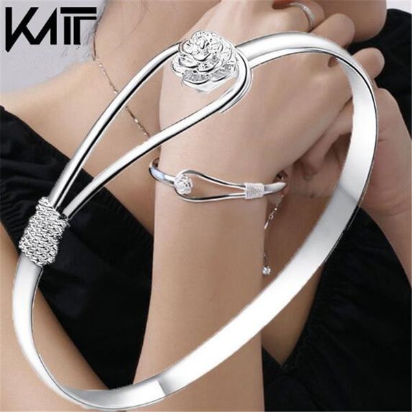 925 sterling silver plated bangle bracelet link with flower good crystal silver color for girls jewelry xmas gift, Black
925 sterling silver plated bangle bracelet link with flower good crystal silver color for girls jewelry xmas gift, Black
