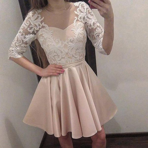 gorgeous champagne satin short homecoming dresses sheer neck half sleeves appliques lace illusion back short prom dresses party dresses, Blue;pink
gorgeous champagne satin short homecoming dresses sheer neck half sleeves appliques lace illusion back short prom dresses party dresses, Blue;pink