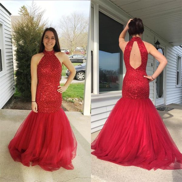 new red prom dresses mermaid high neck beaded keyhole evening party gowns tulle backless long vestidos de fiesta custom china, Black
new red prom dresses mermaid high neck beaded keyhole evening party gowns tulle backless long vestidos de fiesta custom china, Black