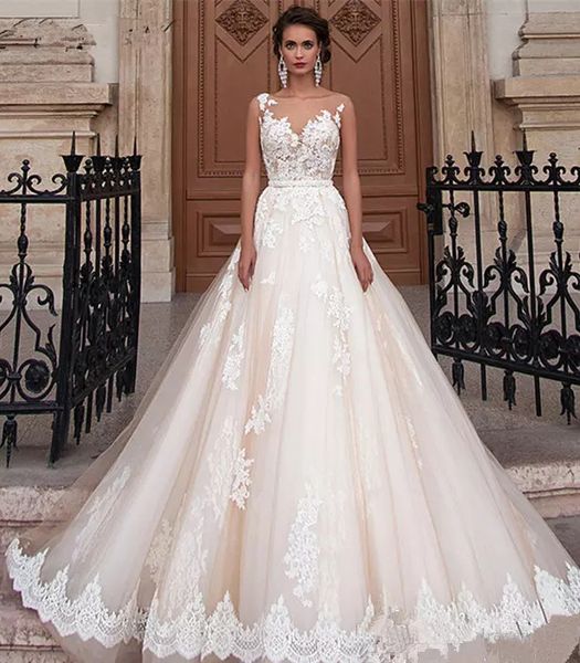 new arrival vintage lace wedding dress 2018 scoop cap sleeves chapel train applications tulle a line wedding bride gowns, White
new arrival vintage lace wedding dress 2018 scoop cap sleeves chapel train applications tulle a line wedding bride gowns, White